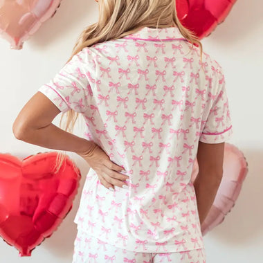 Pink Bowknot Printed Pajama Set with Ruffle Shorts for Relaxed Comfort in Euro Sizes