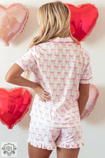 Pink Bowknot Printed Pajama Set with Ruffle Shorts for Relaxed Comfort in Euro Sizes