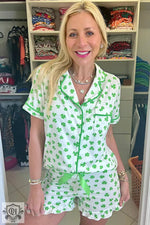 White and green shamrock-patterned pajama set for ultimate relax relax comfort in various sizes