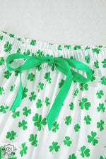 White fabric with green shamrock prints and a green ribbon bow on Pink Bowknot Pajama Set