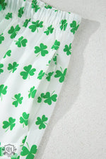 White fabric with green shamrock pattern in Pink Bowknot Pajama Set for relax relax