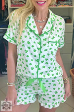 White and green shamrock-patterned pajama set for relaxing in various euro sizes