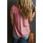 Pink Button Split Neck Ruffled Trim Tank Top - Tops/Tank Tops