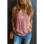 Pink Button Split Neck Ruffled Trim Tank Top - Tops/Tank Tops