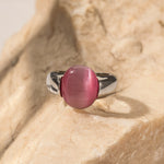 18K gold noble oval inlaid pink cat's eye design ring - QH Clothing