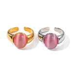 18K gold noble oval inlaid pink cat's eye design ring - QH Clothing