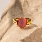 18K gold noble oval inlaid pink cat's eye design ring - QH Clothing