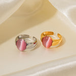 18K gold noble oval inlaid pink cat's eye design ring - QH Clothing