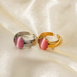 18K gold noble oval inlaid pink cat's eye design ring - QH Clothing