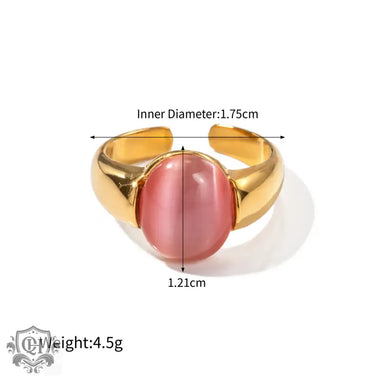 18K gold noble oval inlaid pink cat's eye design ring - QH Clothing