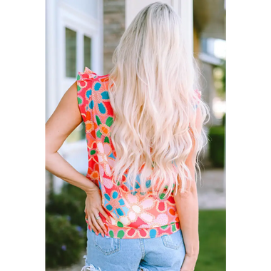 Pink Embroidered Detail Floral Print Ruffle Trim Tank Top - Tops/Tank Tops