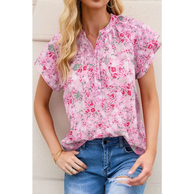 Pink Floral Mandarin Collar Top - Pink / S / 100% Polyester - Tops/Tops & Tees