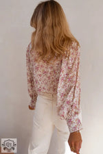 Floral pink blouse with billowy long sleeves in sizes Euro sizes for relaxed style