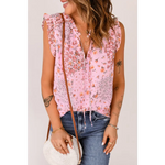 Pink Floral Print Drawstring Frill Trim Sleeveless Top - Tops/Tank Tops