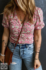 Pink Floral Short Puff Sleeve V Neck Ruched Blouse with distressed denim jeans outfit