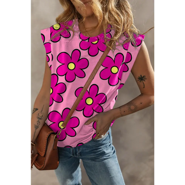 Pink Flower Print Round Neck Cap Sleeve T Shirt - Pink / S / 95% Polyester + 5% Elastane - Tops/Tops & Tees