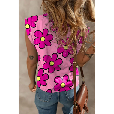 Pink Flower Print Round Neck Cap Sleeve T Shirt - Tops/Tops & Tees