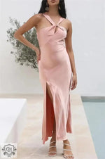 Winter Pink Halter Waist Tight Slimming Slit Dress Women Dress - Quality Home Clothing| Beauty