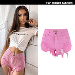 High Waist Slim-Fit Irregular Denim Shorts - QH Clothing