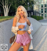 High Waist Slim-Fit Irregular Denim Shorts - QH Clothing