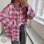 Retro Classic Plaid Shirt Pink Plaid Top   Collared Loose Shirt - Quality Home Clothing| Beauty