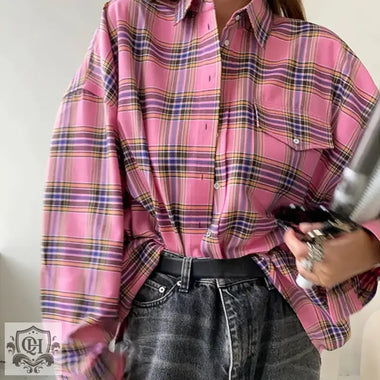 Retro Classic Plaid Shirt Pink Plaid Top   Collared Loose Shirt - Quality Home Clothing| Beauty