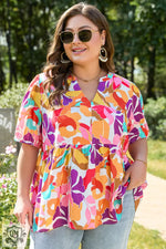 Pink Plus Size Floral Print V Neck Fit and Flare Blouse - Pink / 1X / 100% Polyester - Plus Size/Plus Size Tops/Plus