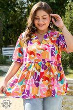 Pink Plus Size Floral Print V Neck Fit and Flare Blouse - Plus Size/Plus Size Tops/Plus Size Blouses & Shirts