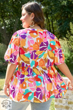 Pink Plus Size Floral Print V Neck Fit and Flare Blouse - Plus Size/Plus Size Tops/Plus Size Blouses & Shirts