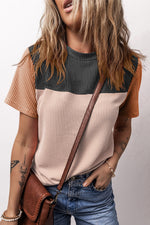 Color-block ribbed t-shirt in grey, pink, and brown for Relax Relax styles in Euro sizes