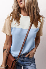 Color-block ribbed t-shirt in white, blue, and beige; available in Euro sizes for optimal fit