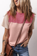 Color-block ribbed t-shirt in pink and beige tones, available in Euro sizes