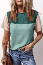 Color-block ribbed knit top in mint green, forest green, and beige for Relax Relax sizes