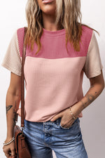 Pink Rib Textured Colorblock T Shirt in ribbed knit, perfect for relax relax styles and euro sizes