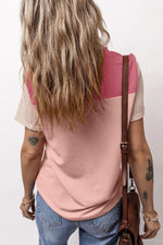 Pink Rib Textured Colorblock T Shirt styled with blue jeans and brown leather bag for relaxed looks