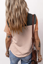 Color-block ribbed Pink Rib Textured Colorblock T Shirt with jeans and a brown bag