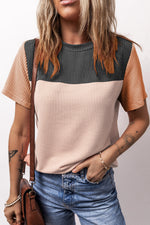 Color-block ribbed knit top in grey, peach, and brown for Relax Relax sizes