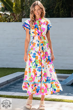 Pink Ricrac Trim Flutter Sleeve Buttoned Floral Maxi Dress - Pink / S / 100% Polyester - Dresses/Maxi Dresses