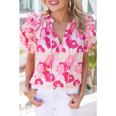 Pink Split Neck Ruffled Puff Sleeves Floral Top with relaxing floral print in various sizes