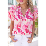 Pink Split Neck Ruffled Puff Sleeves Floral Top with relaxing floral print in various sizes