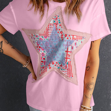 Pink Star Patchwork Loose T-shirt with floral and gingham designs, perfect for relax relax