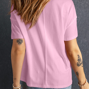 Pink Star Patchwork Loose T-shirt with visible tattoos, ideal for relaxed styling in various sizes