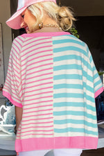 Pink Stripe Contrast Patchwork Oversized T Shirt featuring turquoise and pink striped patterns