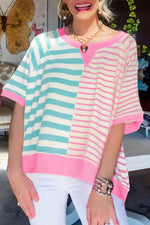 Pink Stripe Contrast Patchwork Oversized T Shirt in turquoise and pink color blocks