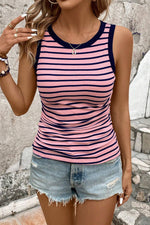 Pink and navy striped sleeveless tank top in euro sizes for a relaxed look