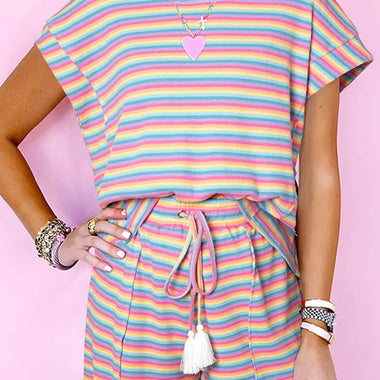 Pastel striped romper with tassel drawstring tie for a stylish relax relax look