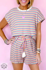 Pastel striped romper with tassel drawstring tie for a stylish relax relax look