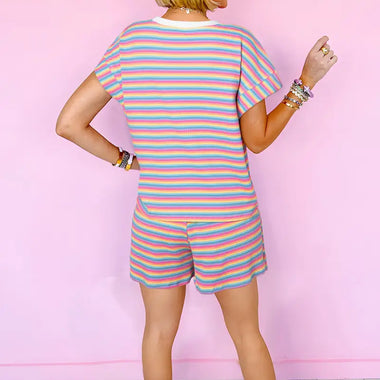 Pink Stripe Crew Neck Tee and Tasseled Drawstring Shorts Set for relaxed style and comfort