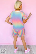 Pink Stripe Crew Neck Tee and Tasseled Drawstring Shorts Set for relaxed style and comfort