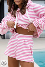 Pink and white striped loungewear set hoodie and shorts for cozy relax relax style